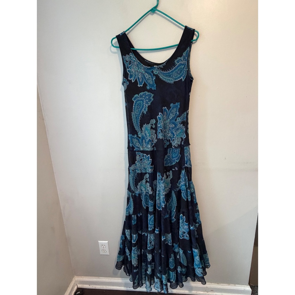 Chicos Blue Paisley Tiered Maxi Dress Sleeveless Ruffle Hem Size 1 Medium